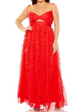 NWT Mac Duggal Sz 18W Red Ruffled Maxi Dress with Tie Straps 68543